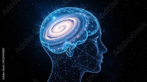 Abstract blue light illuminates a human brain within a head, conceptualizing intelligence and medical science.
