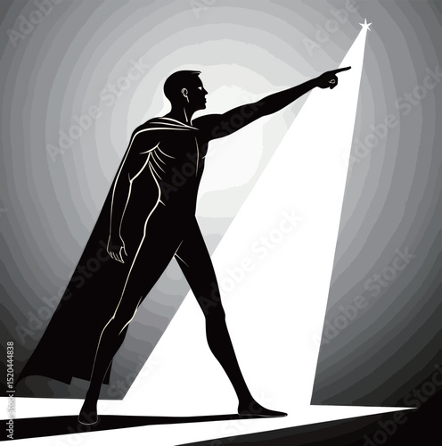 A heroic black-and-white illustration of a male superhero pointing towards the stars.