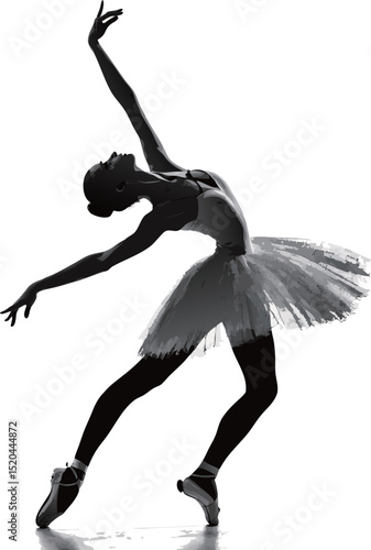 Elegant female ballet dancer performing a graceful pose in black and white silhouette.