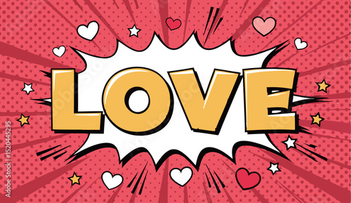 Bold comic-style graphic featuring the word 'LOVE' against a vibrant red background.
