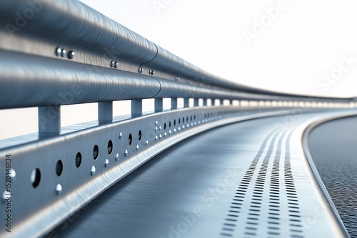Highway Safety & Modern Roadway Design. Close-up of Metal Guardrail Structure on Asphalt Highway