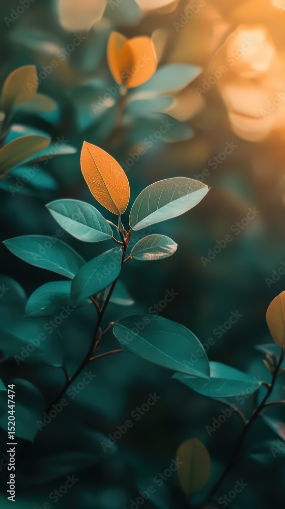 Obraz premium Autumnal Leaves Serenity: A Study in Teal, Gold, and Abstract Light