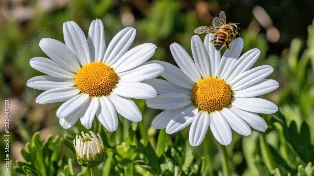 Fototapeta premium Two white daisies with a bee