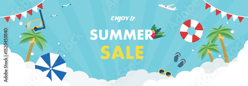浮き輪やゴーグルで飾られたサマーセール広告バナー背景テンプレート（青）　Summer sale ad banner background template decorated with a float and goggles (blue)