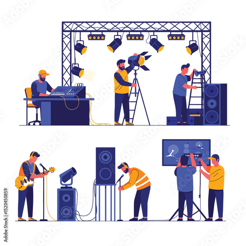 Stage Crew and Musicians Preparing for Live Event