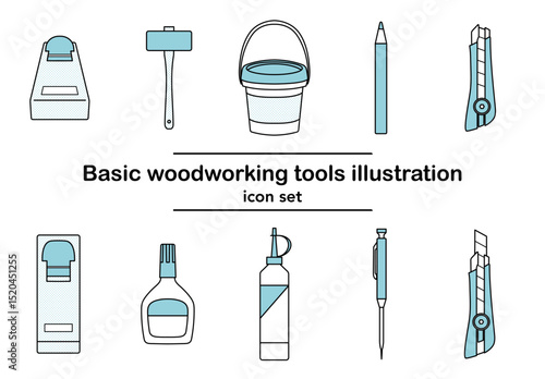 青を基調とした木工道具アイコンセット｜カンナ,ハンマー,鉛筆,バケツ,カッター,接着剤,潤滑剤,シャープペン