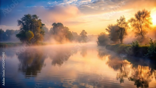 Wallpaper Mural A misty fog gently descends over the calm river at dawn, its soft tendrils caressing the water's surface as morning light slowly seeps through the veil , river, peaceful Torontodigital.ca