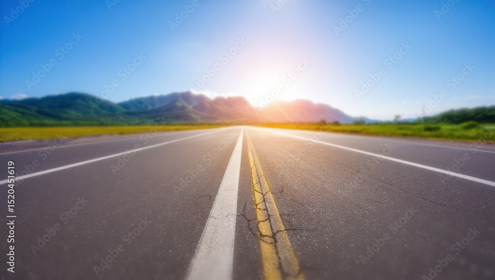 Empty Road Stretching Through Scenic Mountains at Sunrise Empty Road Stretching Through Scenic Mountains at Sunrise