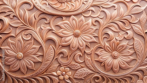 A intricate tooled floral pattern in soft pink leather appears on a high-end handbag or purse, creating a luxurious and sophisticated look, pink leather, leather design