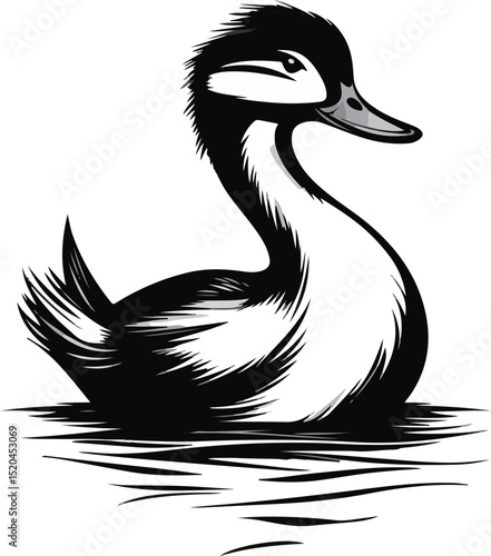 Stylized illustration of a serene duck gliding on calm water.