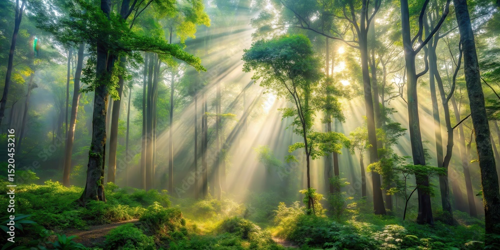 Obraz premium Dense foliage and towering trees covered in mist, with sunlight filtering through the gaps, woods, trees, woods