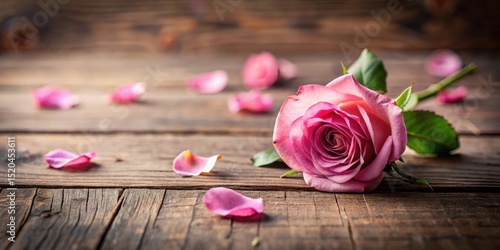 Fototapeta Naklejka Na Ścianę i Meble -  A delicate pink rose petal falls from a stem onto a wooden floor with cracks , bloom, pink roses on the floor