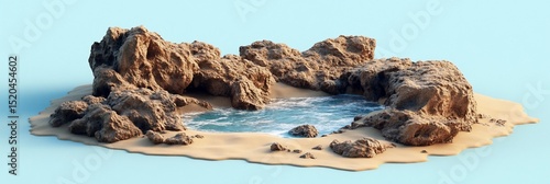 Secluded cove with rocks and tranquil blue water.