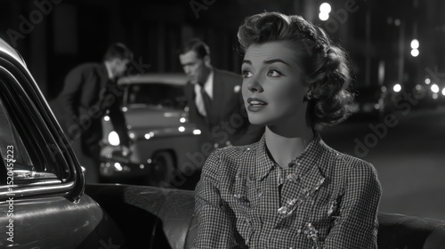 Classic noir atmosphere: woman in vintage car with anticipation emotion