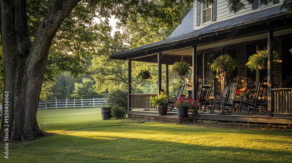 Obraz premium Sunny morning view of a charming farmhouse with a spacious porch, rocking chairs, and lush green lawn.