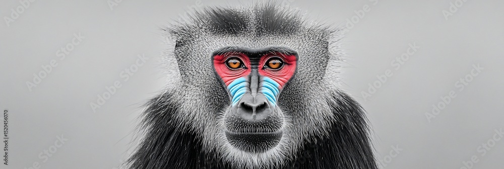 Mandrill primate portrait, close-up, monochrome with red and blue accents. Mandrill primate portrait, close-up, monochrome with red and blue accents.