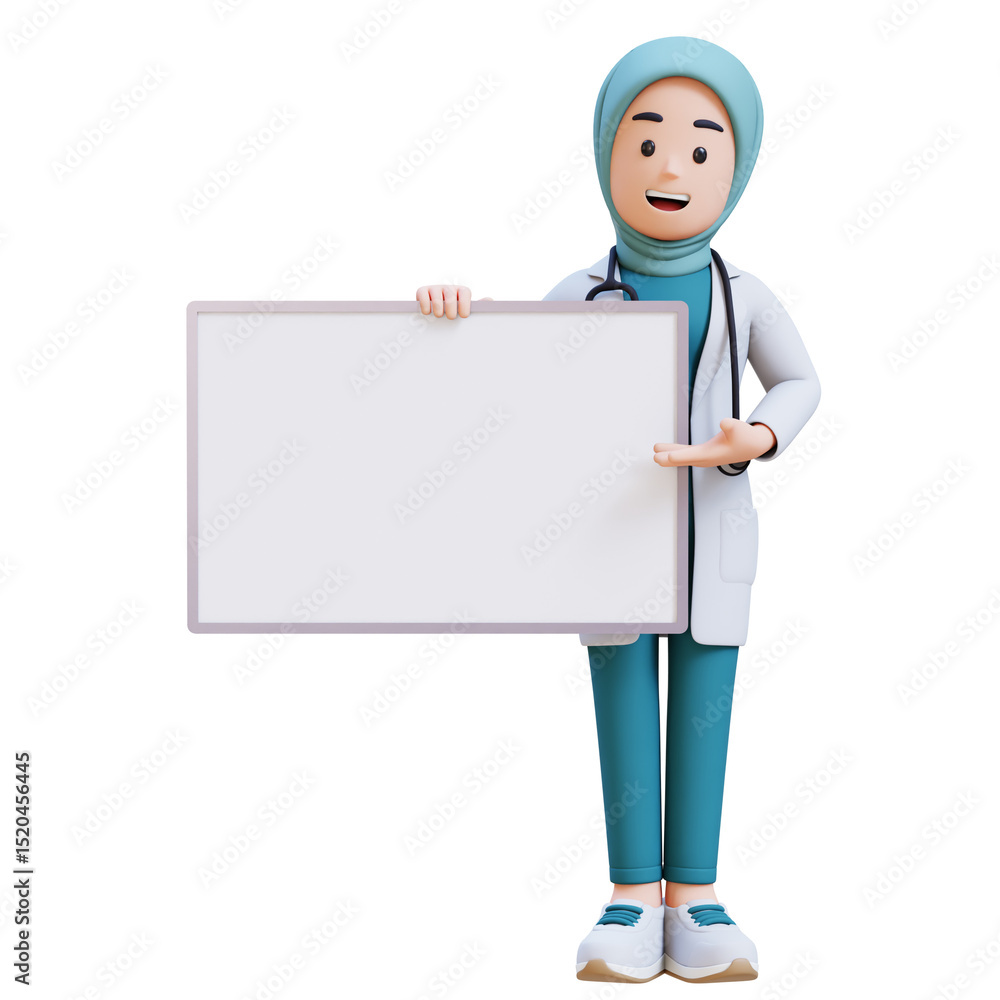 3D render muslim woman medical doctor character in a white lab coat is presenting to a white board with a smile on her face 3D render muslim woman medical doctor character in a white lab coat is presenting to a white board with a smile on her face