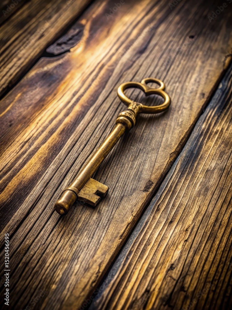 Old brass key resting on worn wooden table surface Old brass key resting on worn wooden table surface