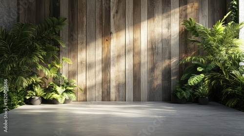 Fototapeta Naklejka Na Ścianę i Meble -  Empty old wood plank wall 3d render,There are concrete floor,Behide the backdrop is a tropical garden,sunlight shine into the room.