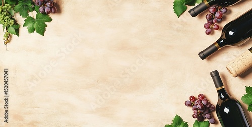 Flat lay of wine bottles, grapes, and leaves on beige background.