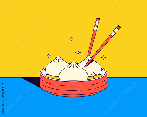Cartoon-style dumplings served in a bamboo steamer with chopsticks on a bright background. Perfect for food, cuisine, and Asian culinary themes icon or badge design vector hand drawn