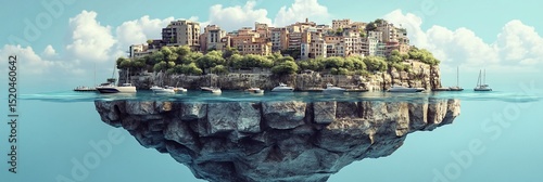 Idyllic floating island town with boats, clear water, and sunny sky.