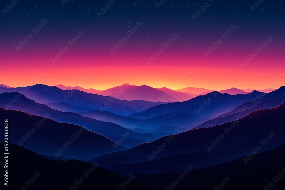 Fototapeta premium Majestic Mountain Landscape at Vibrant Sunset Horizon. A Dreamy, Scenic Adventure in Nature's Wilderness