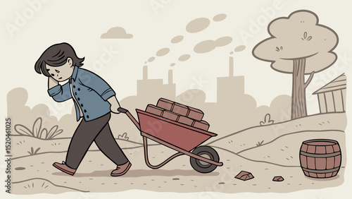 Child Laborer Pushing Wheelbarrow in Industrial Era