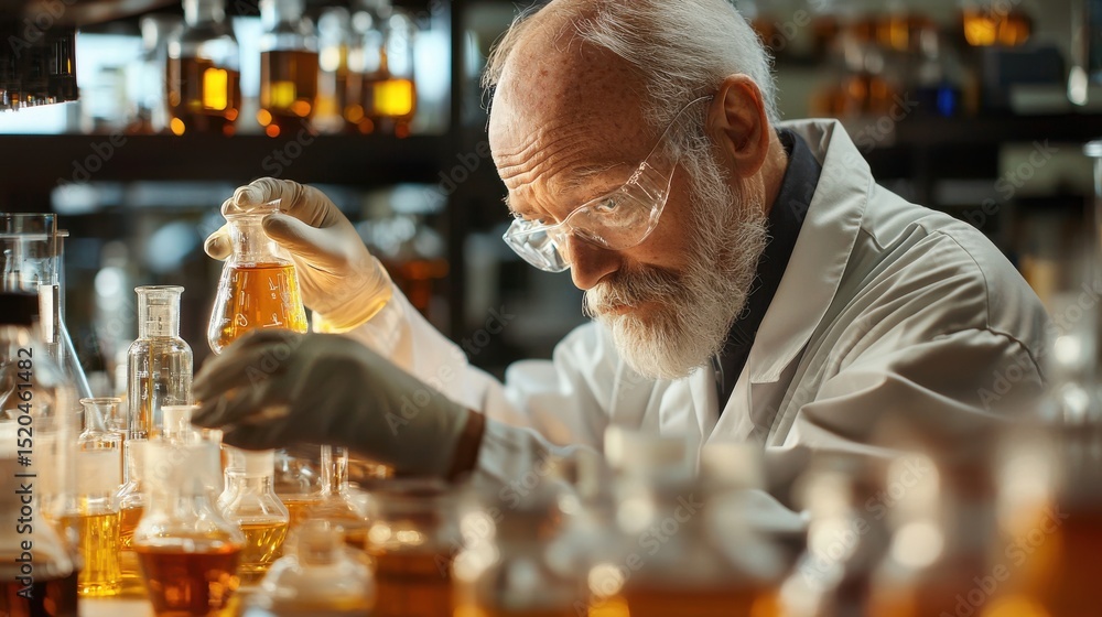 Obraz premium An elderly scientist with a beard and glasses wearing a lab coat focused on carefully handling laboratory equipment and conducting an experiment or analysis in a well equipped research facility