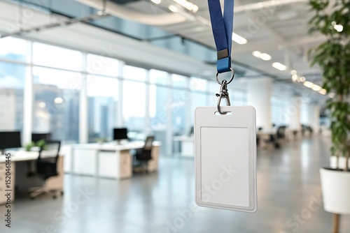 Blank white ID badge with lanyard on blurred office background. Identification card template for employees, access control, corporate events, meetings, seminars, and security credentials.
