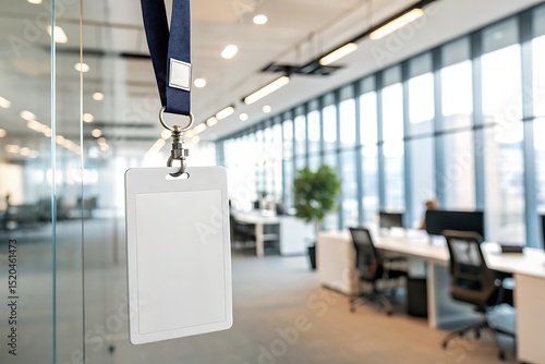 Blank white ID badge with lanyard on blurred office background. Identification card template for employees, access control, corporate events, meetings, seminars, and security credentials.