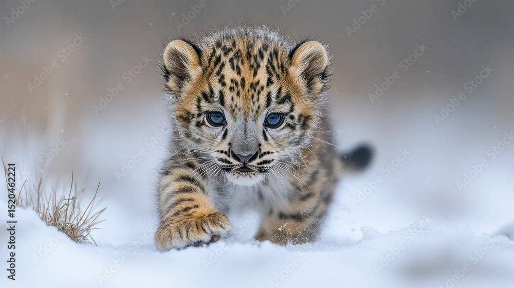 Obraz premium Vulnerable Amur Leopard cub explores snowy terrain with earnest curiosity