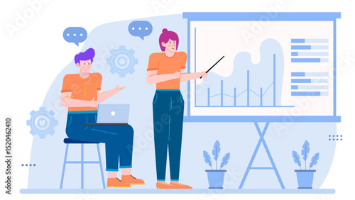 Two people discussing a graph on a whiteboard. Suitable for business presentations, teamwork concepts, and educational materials on data analysis.