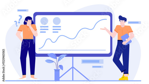 Title Man presenting a graph to a woman. Suitable for business presentations, discussions, team meetings, strategy planning, data analysis, and financial reports.