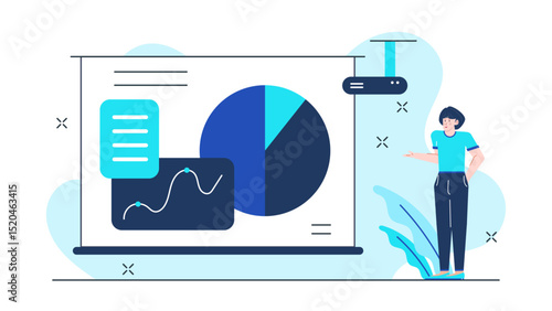 Woman presenting data on a whiteboard with a pie chart and line graph. Ideal for business presentations or academic reports.