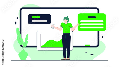 Woman with green hair pointing to computer screen, holding a phone. Ideal for technology, communication, social media concepts in designs.