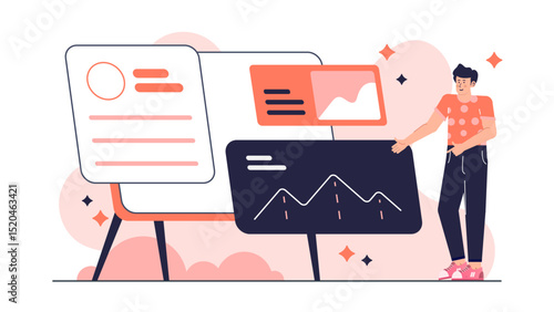 Man presenting statistical data on whiteboard, suitable for business presentations, educational materials, financial reports, and professional training sessions.