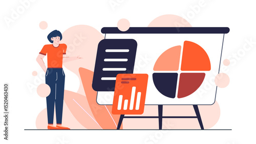 Woman explaining data with a pie chart and bar graph on an easel. Great for presentations, business reports, analytics concepts.