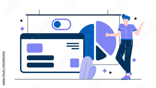 Man stands next to a whiteboard with a pie chart and shapes, suitable for business presentations or educational content creation.
