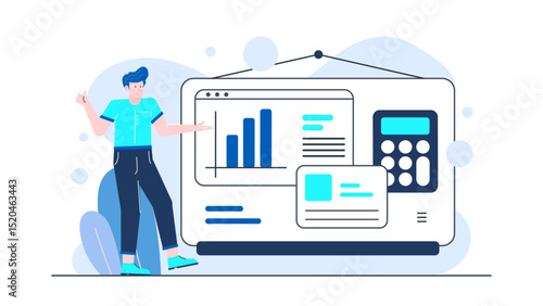Man presenting a chart with a calculator. Ideal for financial presentations, data analysis, business meetings, investment concepts, and economic reports.