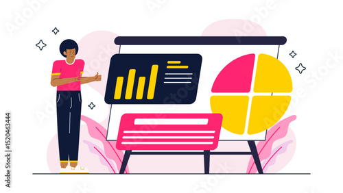 Presentation room with man presenting data on whiteboard. Ideal for business meetings, financial reports, educational presentations, or marketing concepts.