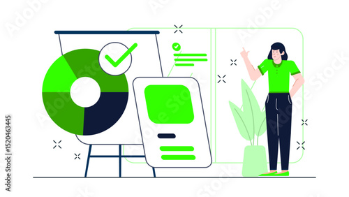 Woman presenting a pie chart in green shirt, ideal for business presentations, financial reports, data analysis, and marketing materials.