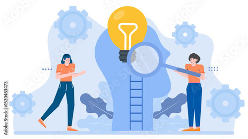 Two women exploring idea with magnifying glass. Suitable for business, problem solving, teamwork concept in marketing, advertising, presentations.