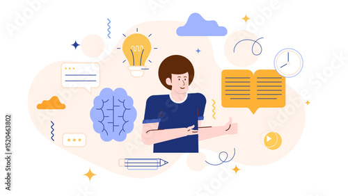 Man giving a thumbs up surrounded by icons, suitable for expressing positivity, approval, feedback, or endorsement in various designs.