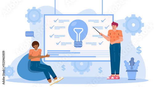Innovative concept discussion with two people near a lightbulb on a whiteboard. Great for brainstorming, business ideas, or teamwork visuals.