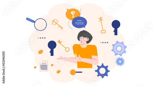 Woman in speech bubble with question mark. Suitable for educational material, business presentations, and blog posts on curiosity and communication.