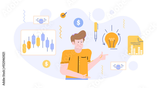 The image features a man pointing at a light bulb, ideal for concepts related to inspiration, ideas, innovation, creativity, and problem-solving.