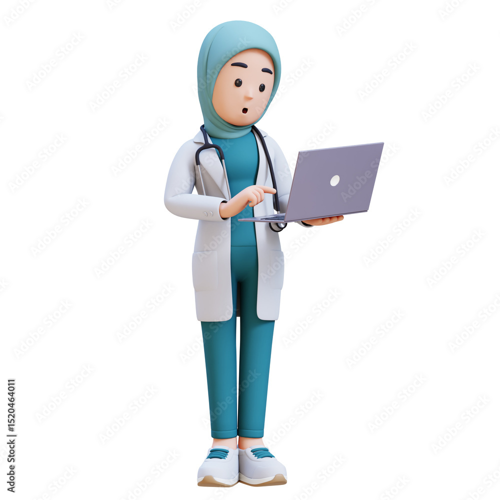 3D render muslim woman medical doctor character in a white lab coat is holding a laptop computer and surprised 3D render muslim woman medical doctor character in a white lab coat is holding a laptop computer and surprised