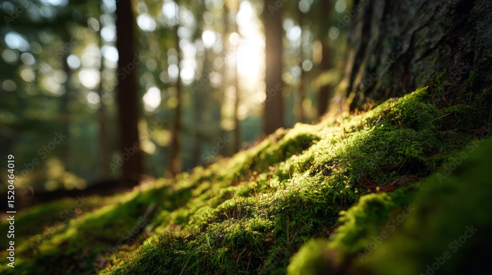 Naklejka premium Lush Forest Floor with Moss and Sunlight.