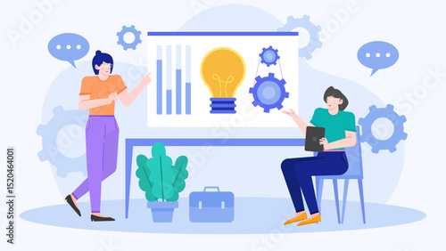 Two people brainstorm a project with a lightbulb and gears on a whiteboard. Perfect for teamwork, planning, strategy concepts.